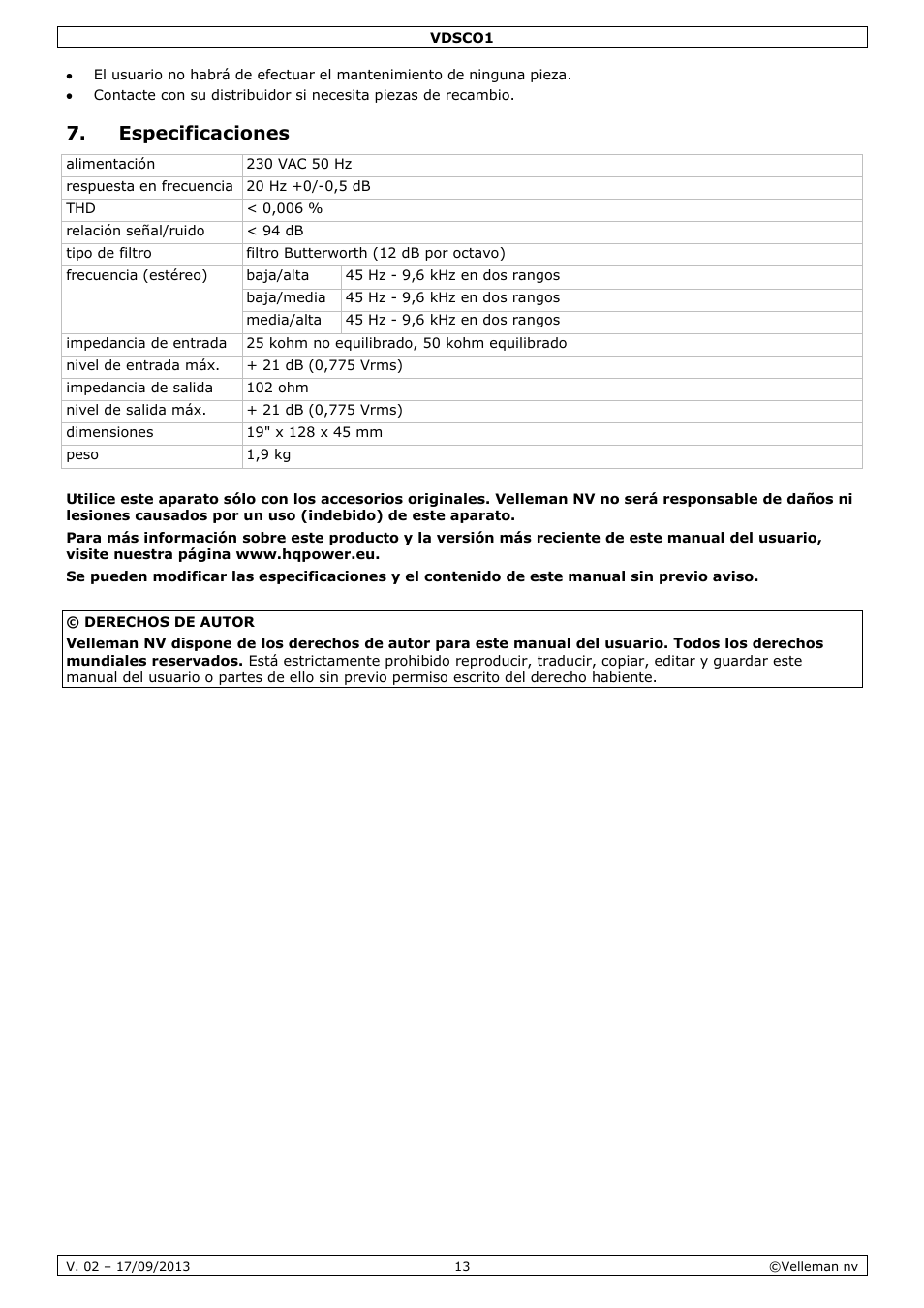 Especificaciones | Velleman VDSCO1 User Manual | Page 13 / 18