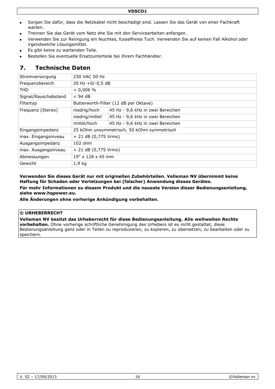 Technische daten | Velleman VDSCO1 User Manual | Page 16 / 18