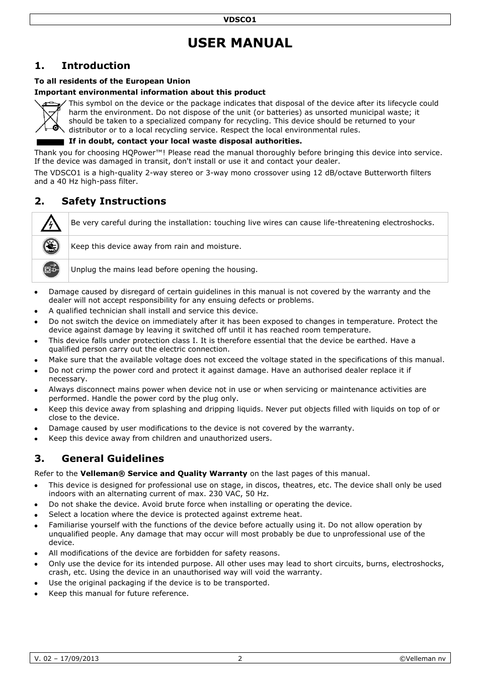 User manual, Introduction, Safety instructions | General guidelines | Velleman VDSCO1 User Manual | Page 2 / 18