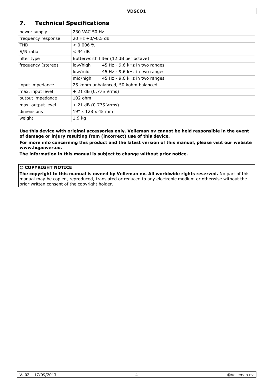 Technical specifications | Velleman VDSCO1 User Manual | Page 4 / 18