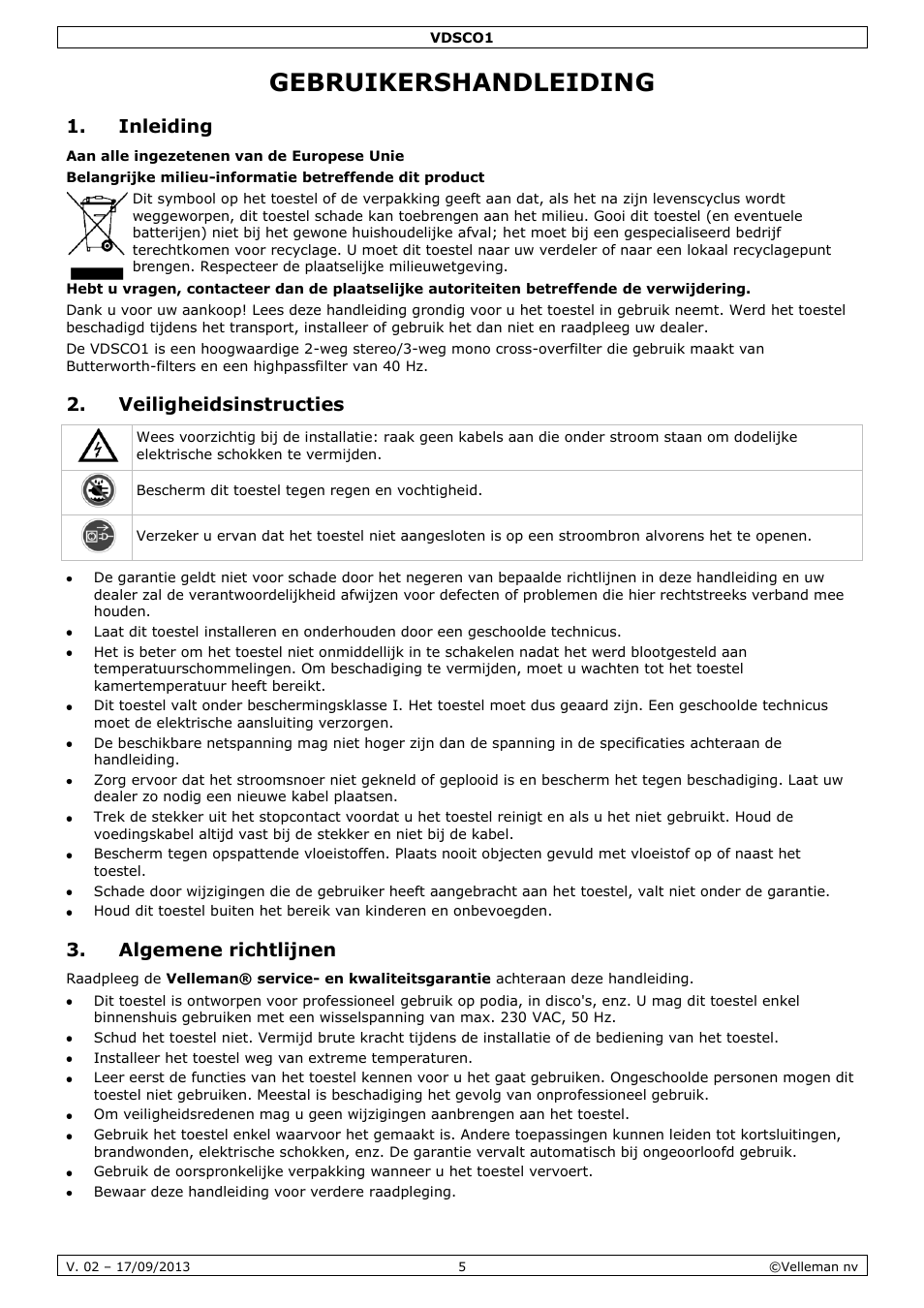 Gebruikershandleiding, Inleiding, Veiligheidsinstructies | Algemene richtlijnen | Velleman VDSCO1 User Manual | Page 5 / 18