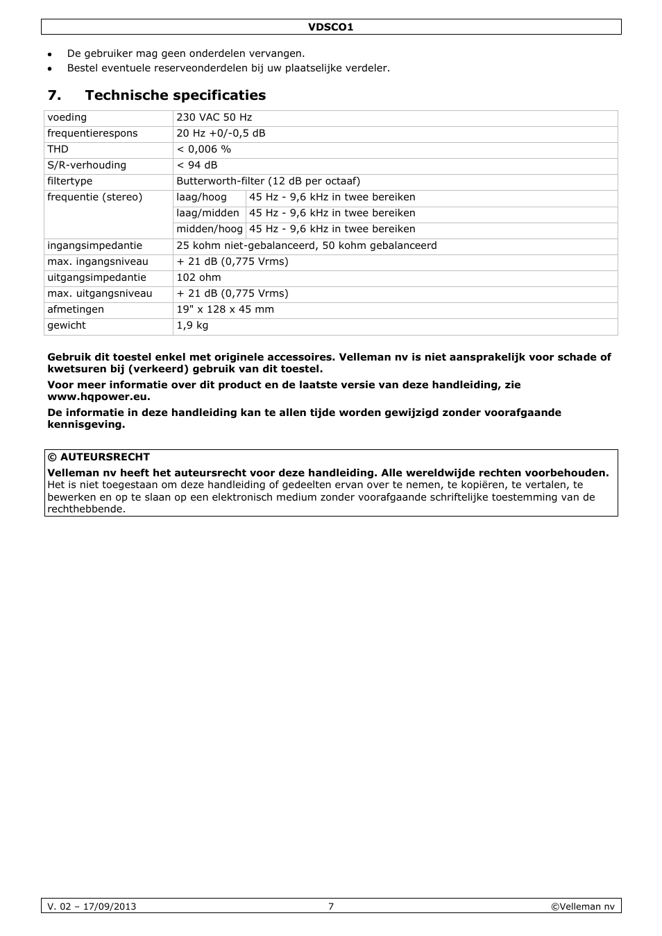 Technische specificaties | Velleman VDSCO1 User Manual | Page 7 / 18