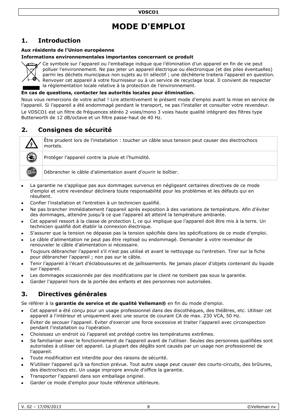 Mode d'emploi, Introduction, Consignes de sécurité | Directives générales | Velleman VDSCO1 User Manual | Page 8 / 18
