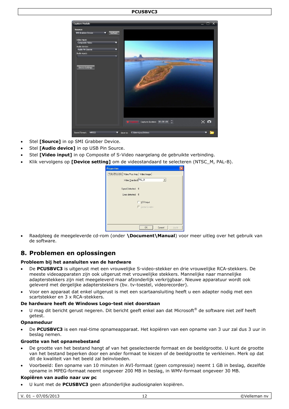 Problemen en oplossingen | Velleman PCUSBVC3 User Manual | Page 12 / 33