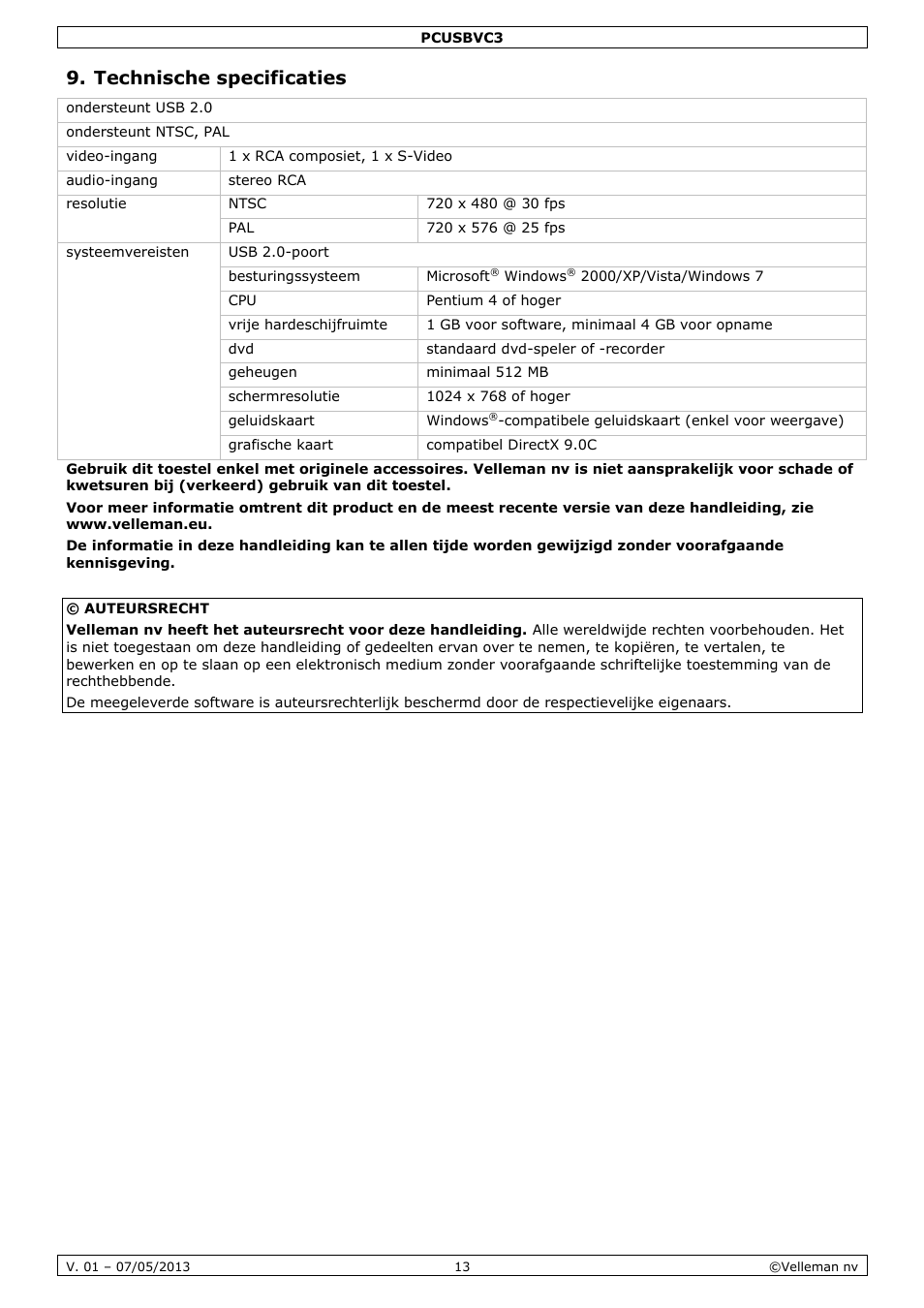 Technische specificaties, Notice d‟emploi | Velleman PCUSBVC3 User Manual | Page 13 / 33