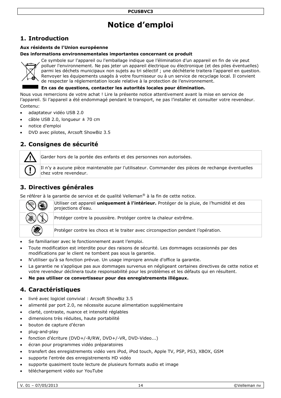 Notice d’emploi, Introduction, Consignes de sécurité | Directives générales, Caractéristiques | Velleman PCUSBVC3 User Manual | Page 14 / 33