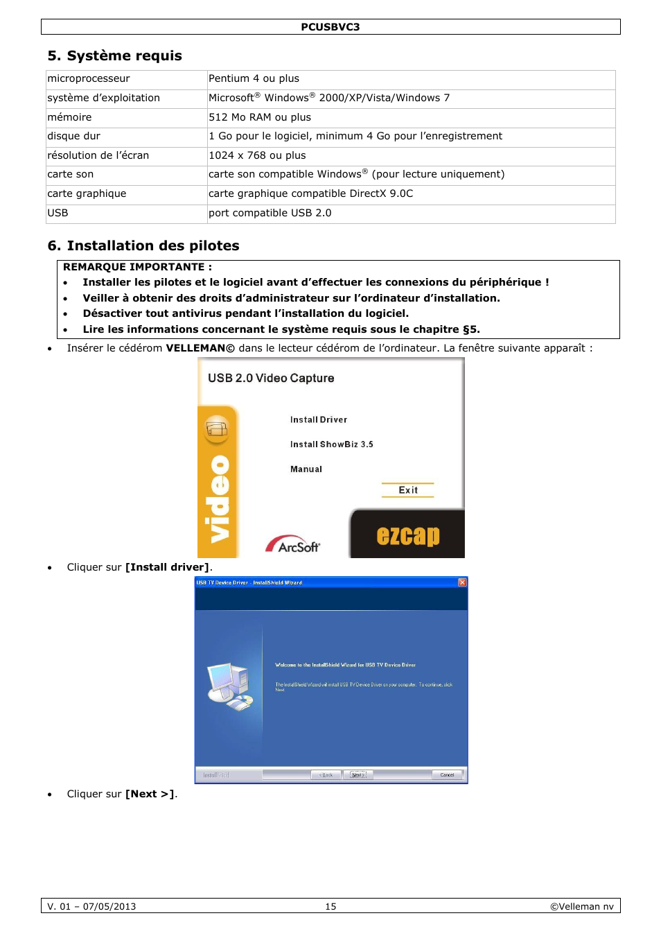 Système requis, Installation des pilotes | Velleman PCUSBVC3 User Manual | Page 15 / 33