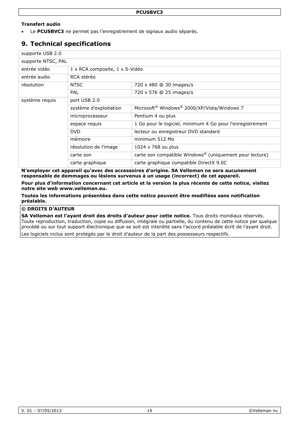 Technical specifications, Manual del usuario | Velleman PCUSBVC3 User Manual | Page 19 / 33
