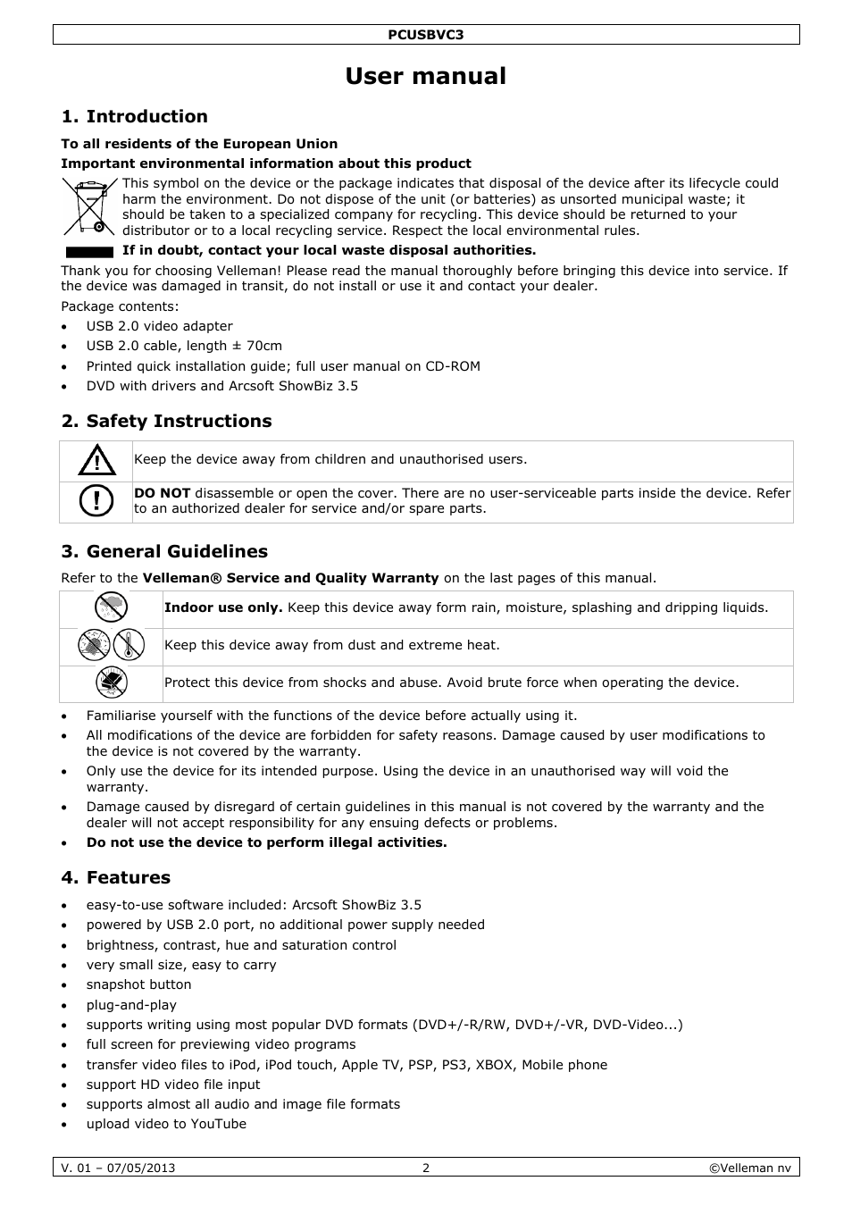 User manual, Introduction, Safety instructions | General guidelines, Features | Velleman PCUSBVC3 User Manual | Page 2 / 33