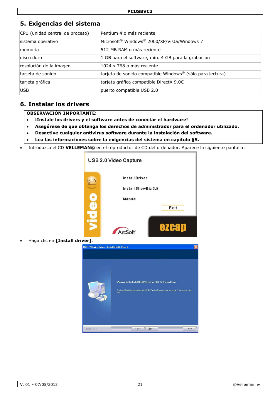 Exigencias del sistema, Instalar los drivers | Velleman PCUSBVC3 User Manual | Page 21 / 33