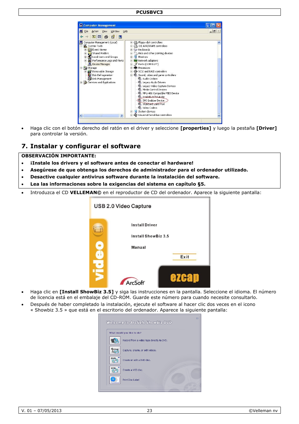 Instalar y configurar el software | Velleman PCUSBVC3 User Manual | Page 23 / 33