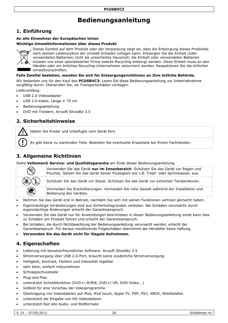 Bedienungsanleitung, Einführung, Sicherheitshinweise | Allgemeine richtlinien, Eigenschaften | Velleman PCUSBVC3 User Manual | Page 26 / 33