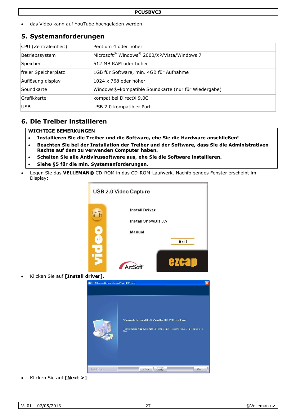 Systemanforderungen, Die treiber installieren | Velleman PCUSBVC3 User Manual | Page 27 / 33