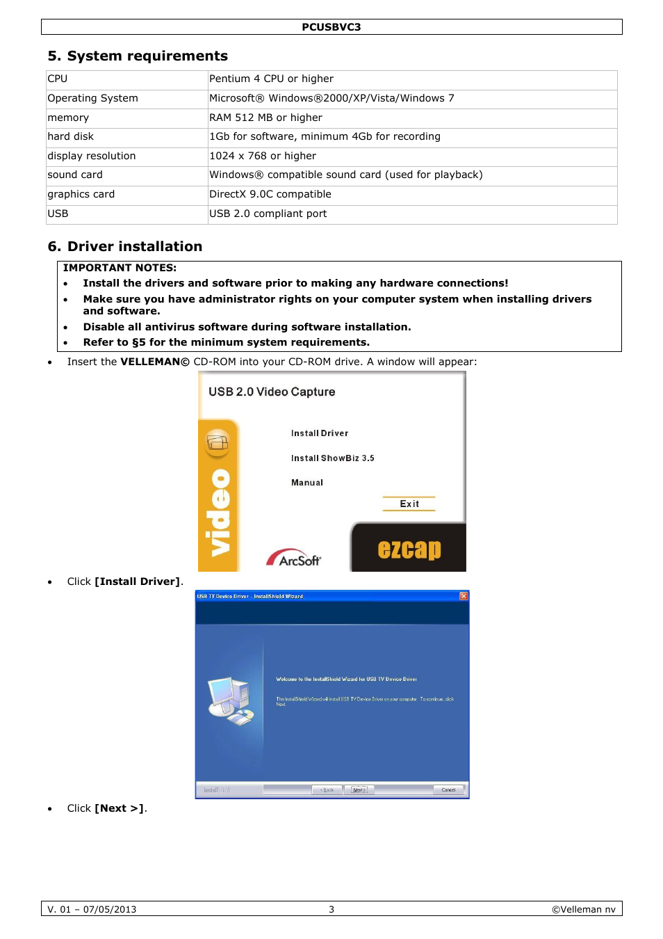 System requirements, Driver installation | Velleman PCUSBVC3 User Manual | Page 3 / 33