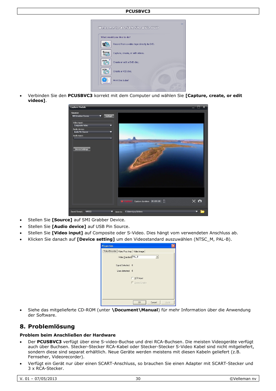 Problemlösung | Velleman PCUSBVC3 User Manual | Page 30 / 33
