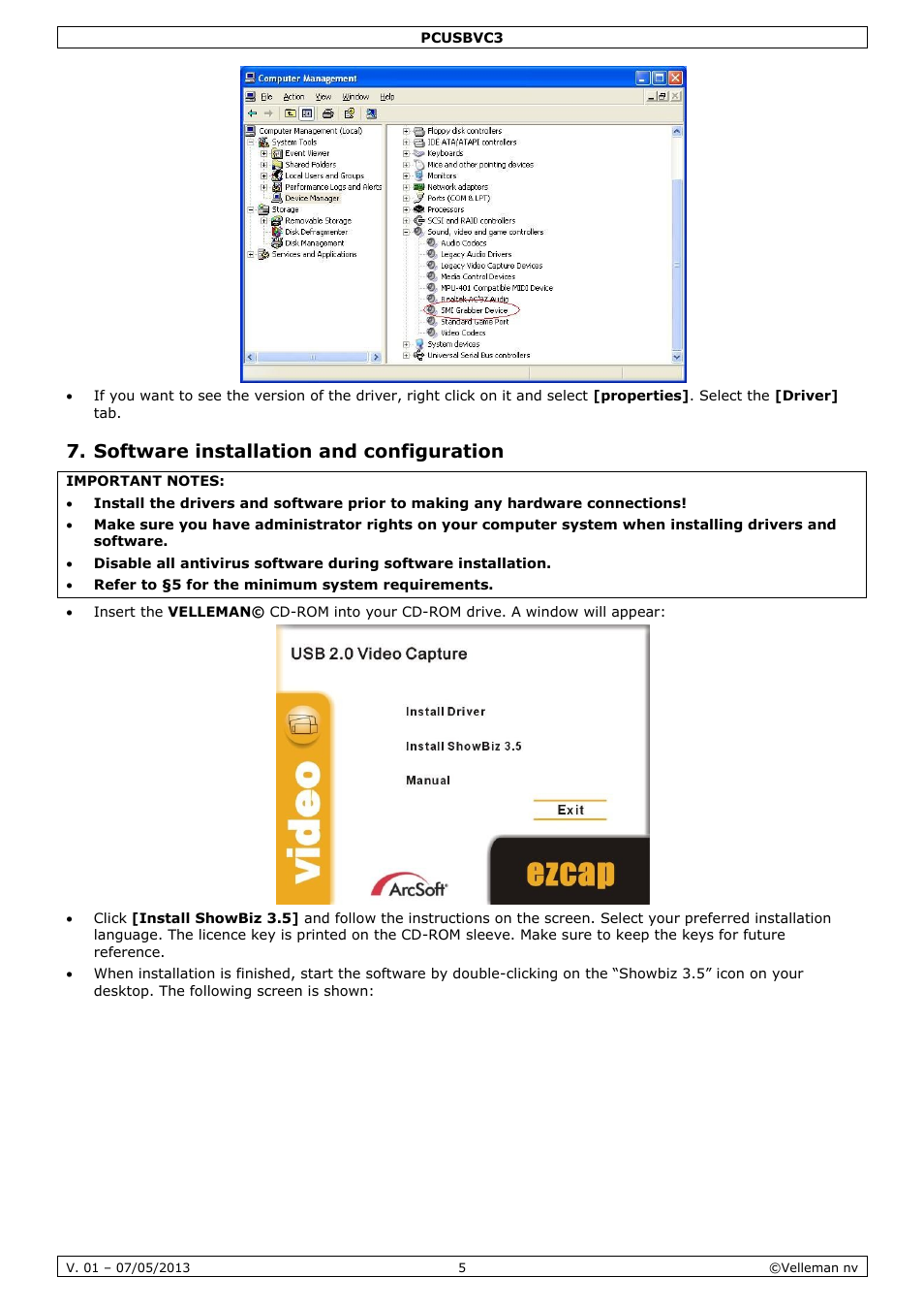 Software installation and configuration | Velleman PCUSBVC3 User Manual | Page 5 / 33