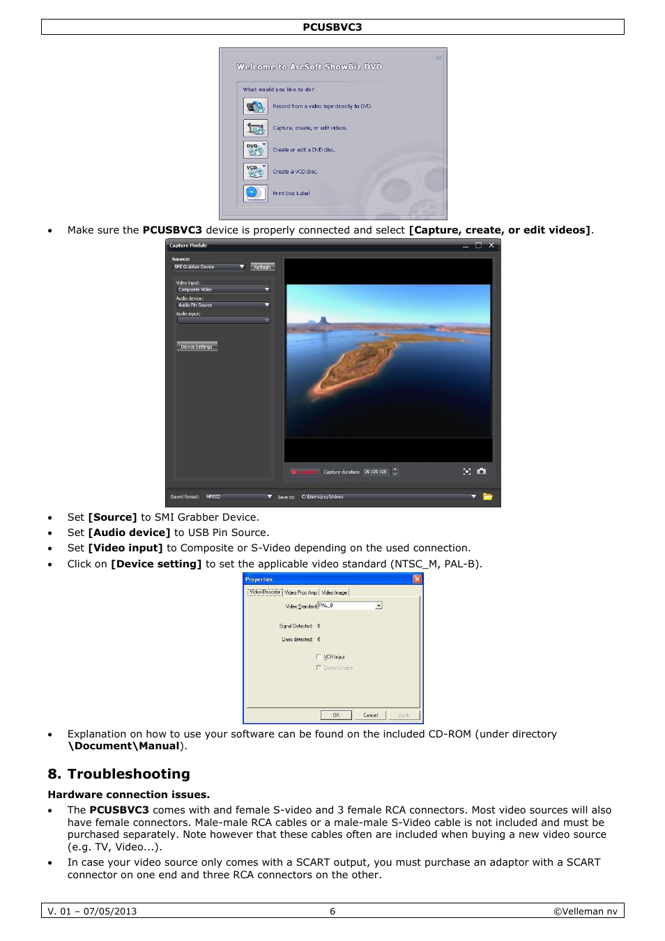 Troubleshooting | Velleman PCUSBVC3 User Manual | Page 6 / 33