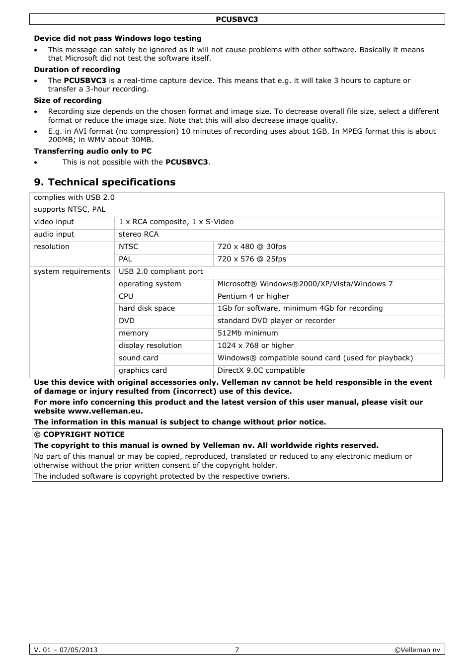 Technical specifications | Velleman PCUSBVC3 User Manual | Page 7 / 33