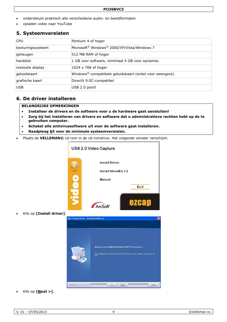 Systeemvereisten, De driver installeren | Velleman PCUSBVC3 User Manual | Page 9 / 33