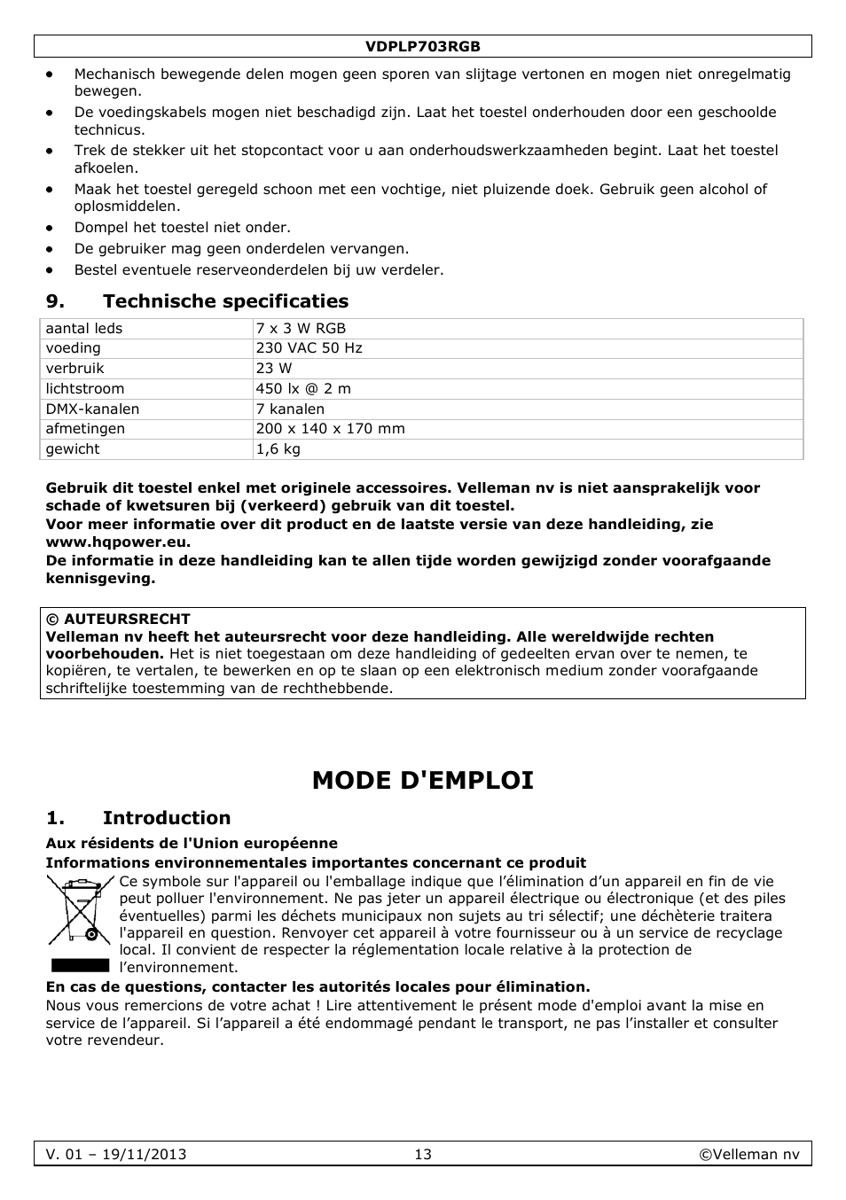 Technische specificaties, Mode d'emploi, Introduction | Velleman VDPLP703RGB User Manual | Page 13 / 31