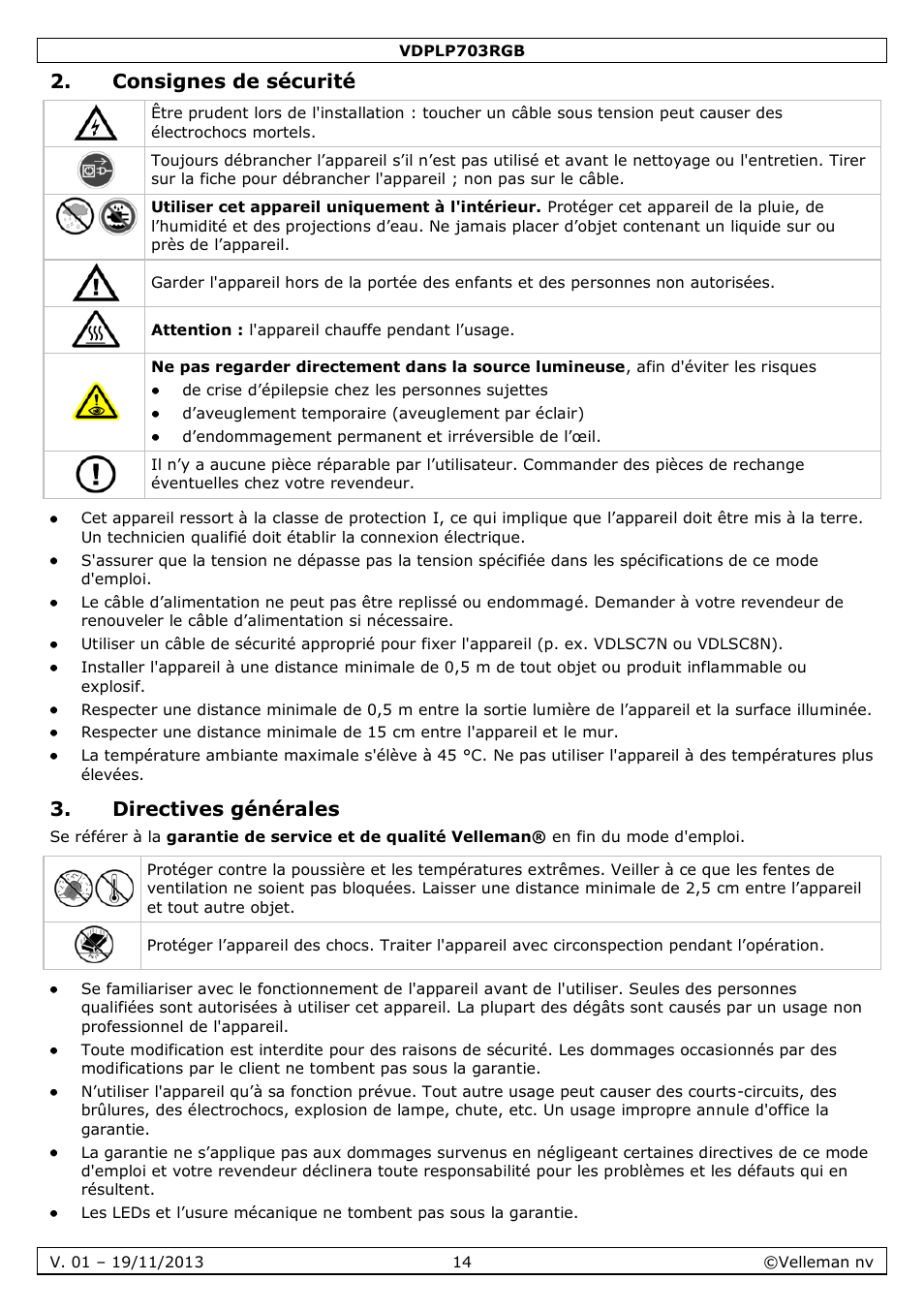 Consignes de sécurité, Directives générales | Velleman VDPLP703RGB User Manual | Page 14 / 31