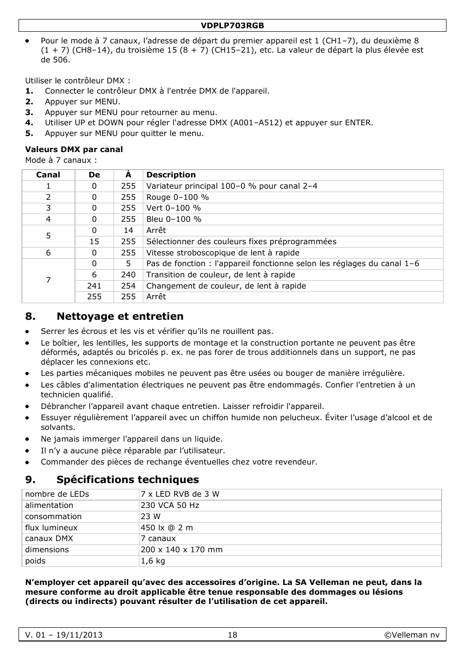 Valeurs dmx par canal, Nettoyage et entretien, Spécifications techniques | Velleman VDPLP703RGB User Manual | Page 18 / 31