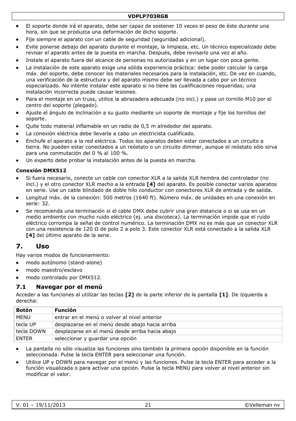 Conexión dmx512, 1 navegar por el menú | Velleman VDPLP703RGB User Manual | Page 21 / 31
