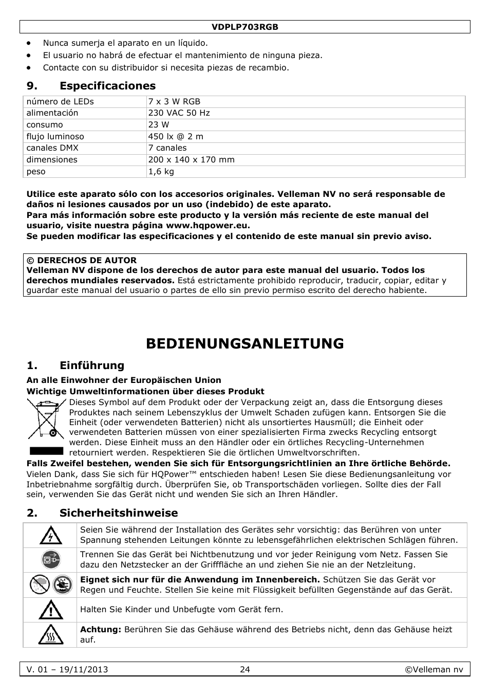 Especificaciones, Bedienungsanleitung, Einführung | Sicherheitshinweise | Velleman VDPLP703RGB User Manual | Page 24 / 31