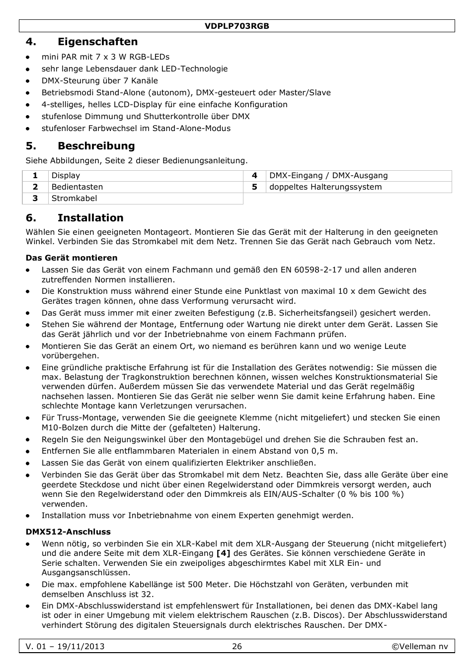 Eigenschaften, Beschreibung, Installation | Das gerät montieren, Dmx512-anschluss | Velleman VDPLP703RGB User Manual | Page 26 / 31