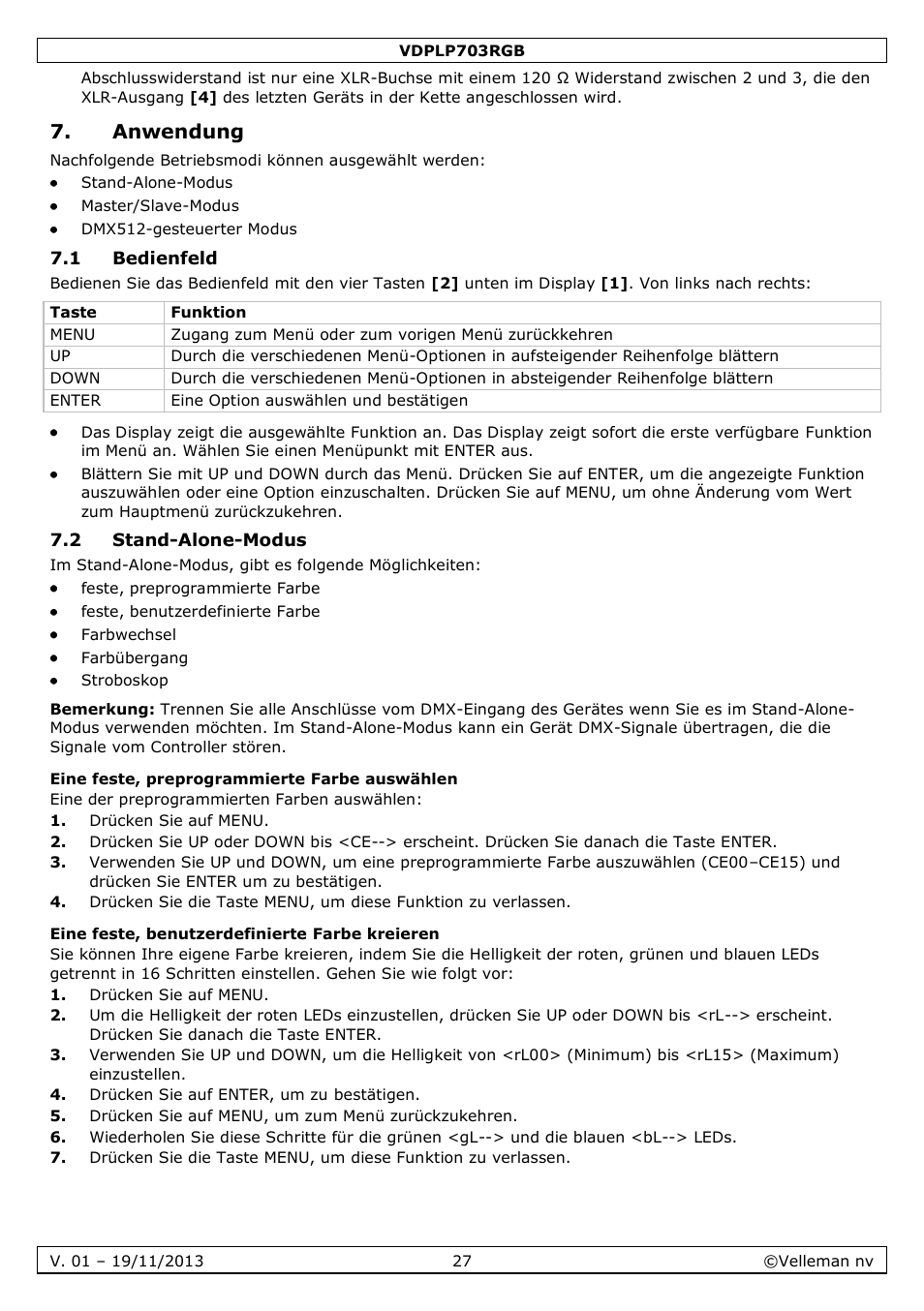Anwendung, 1 bedienfeld, 2 stand-alone-modus | Eine feste, preprogrammierte farbe auswählen, Eine feste, benutzerdefinierte farbe kreieren | Velleman VDPLP703RGB User Manual | Page 27 / 31