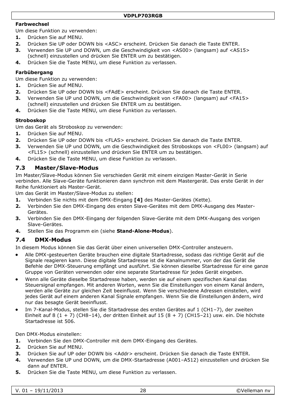 Farbwechsel, Farbübergang, Stroboskop | 3 master/slave-modus, 4 dmx-modus | Velleman VDPLP703RGB User Manual | Page 28 / 31
