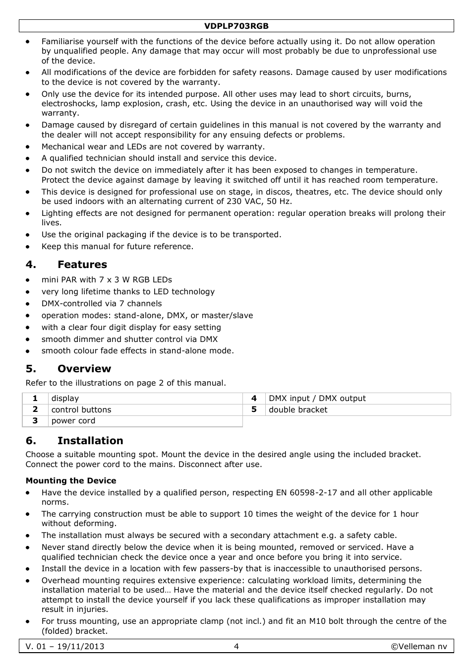 Features, Overview, Installation | Mounting the device | Velleman VDPLP703RGB User Manual | Page 4 / 31