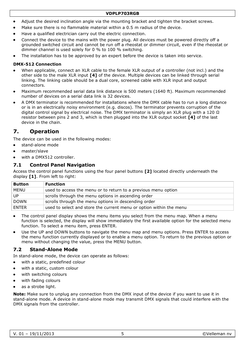 Dmx-512 connection, Operation, 1 control panel navigation | 2 stand-alone mode | Velleman VDPLP703RGB User Manual | Page 5 / 31