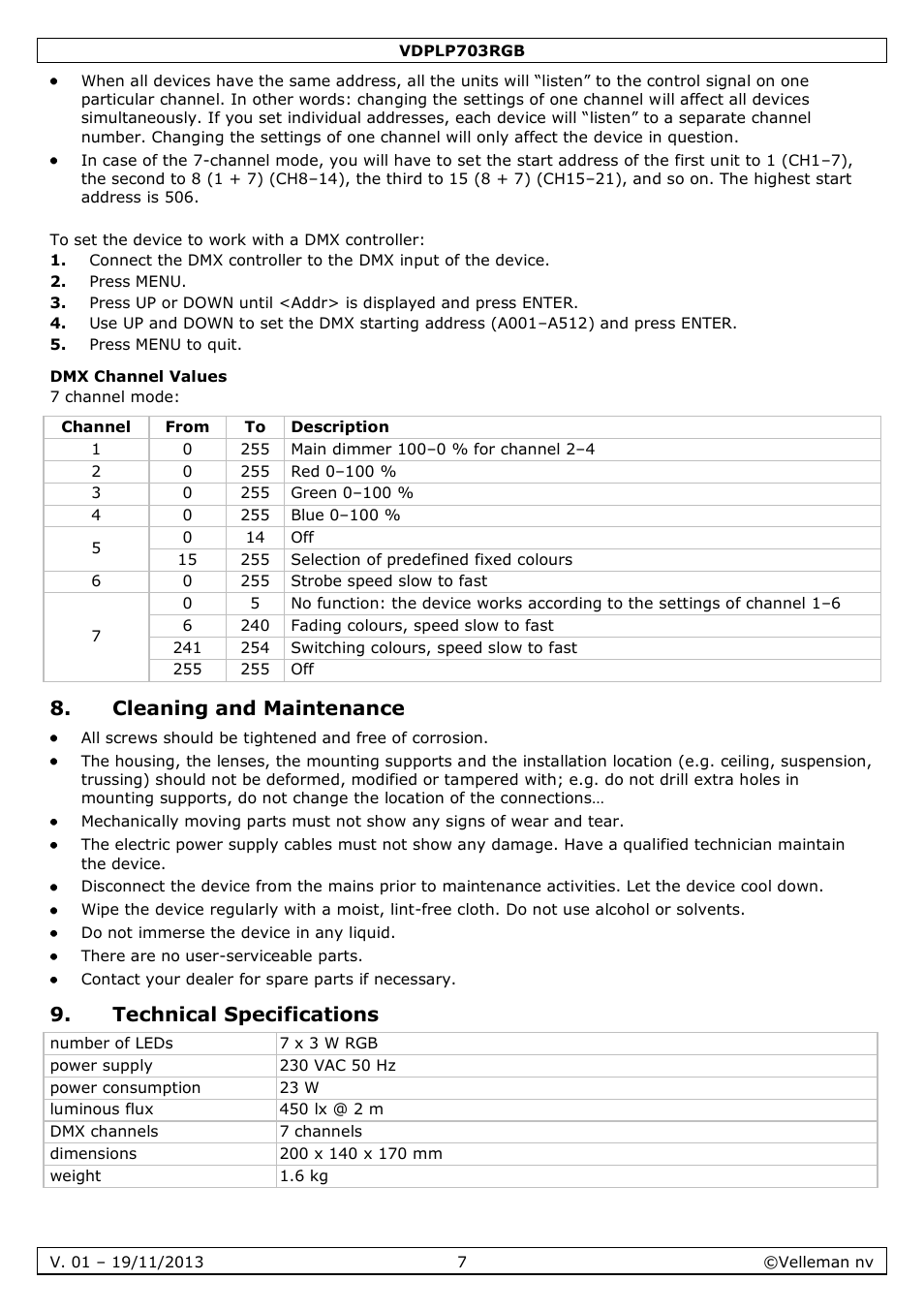 Dmx channel values, Cleaning and maintenance, Technical specifications | Velleman VDPLP703RGB User Manual | Page 7 / 31
