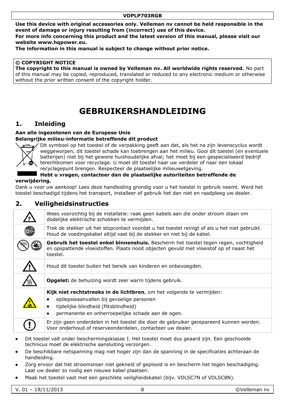 Gebruikershandleiding, Inleiding, Veiligheidsinstructies | Velleman VDPLP703RGB User Manual | Page 8 / 31