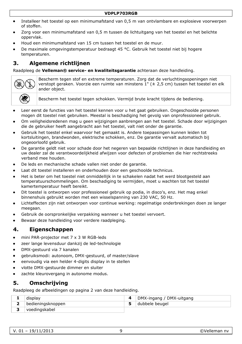 Algemene richtlijnen, Eigenschappen, Omschrijving | Velleman VDPLP703RGB User Manual | Page 9 / 31