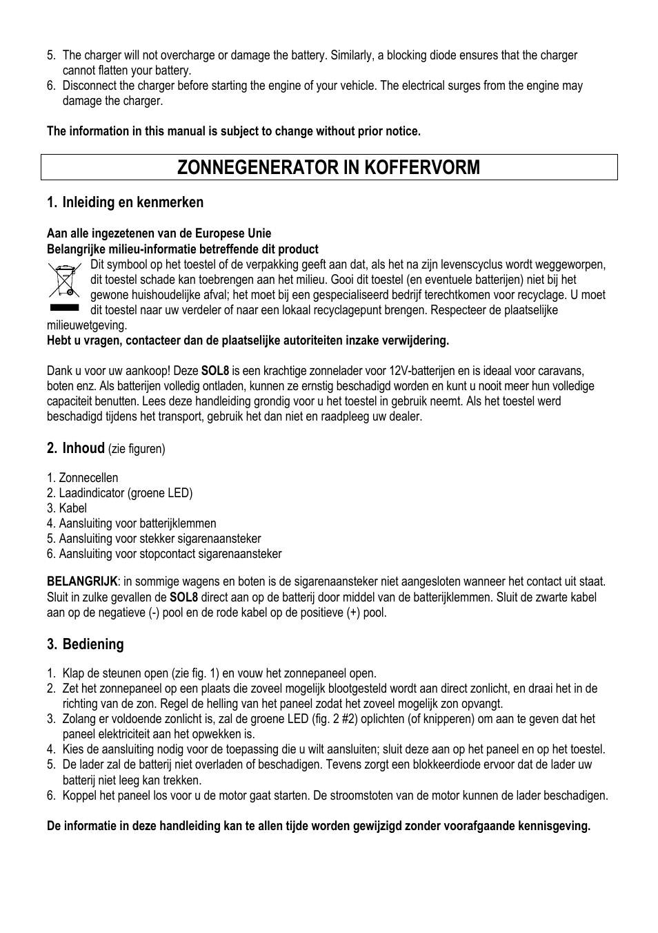 Zonnegenerator in koffervorm | Velleman SOL8 User Manual | Page 3 / 10