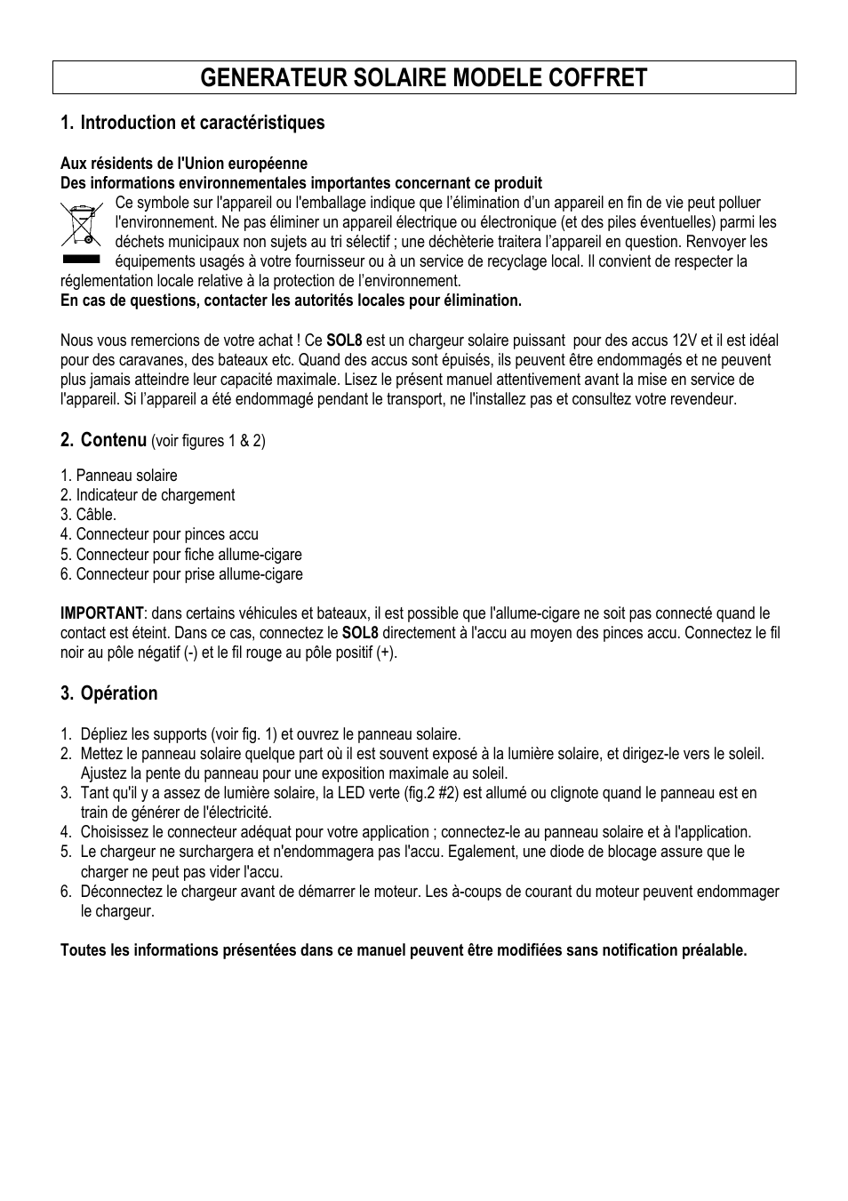 Generateur solaire modele coffret | Velleman SOL8 User Manual | Page 4 / 10