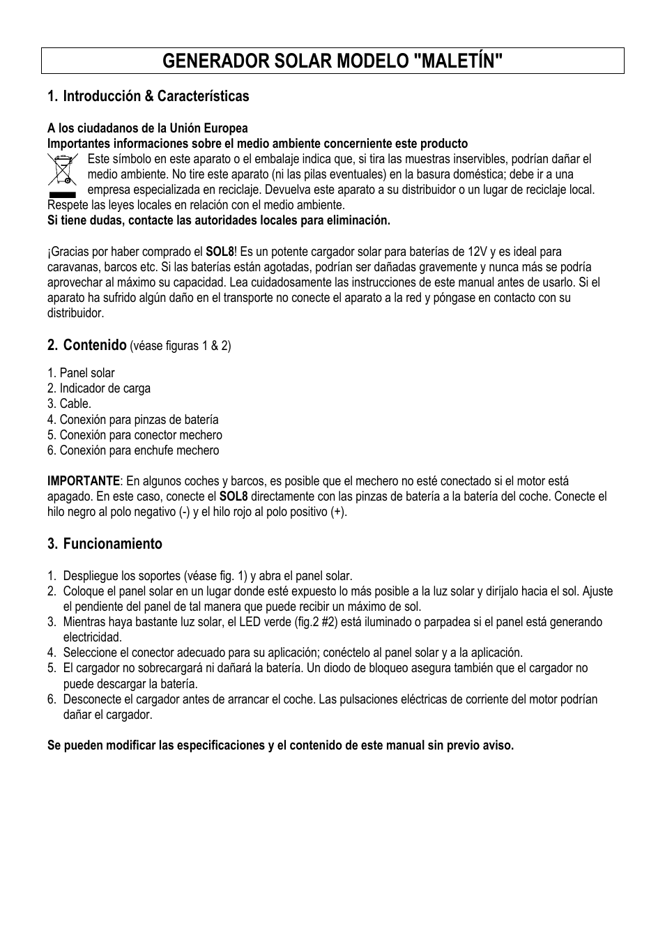 Generador solar modelo "maletín | Velleman SOL8 User Manual | Page 5 / 10