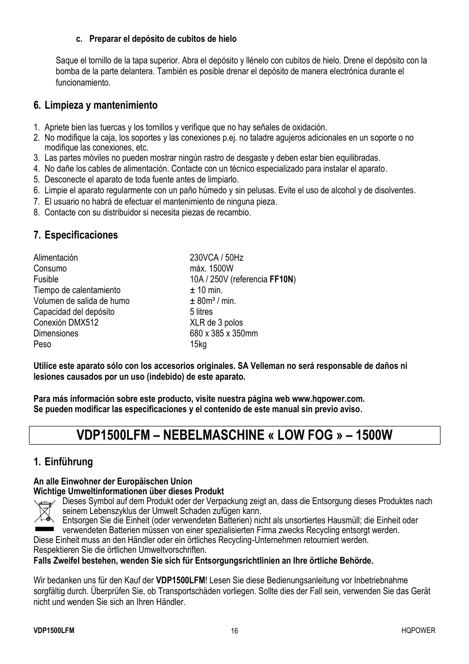 Velleman VDP1500LFM User Manual | Page 16 / 22