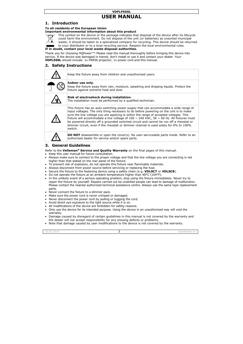 User ma, Anual | Velleman VDPLP56SL User Manual | Page 3 / 34