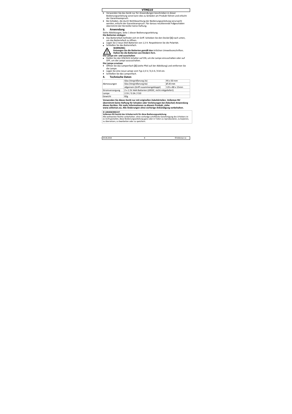 Velleman VTMG10 User Manual | Page 8 / 8