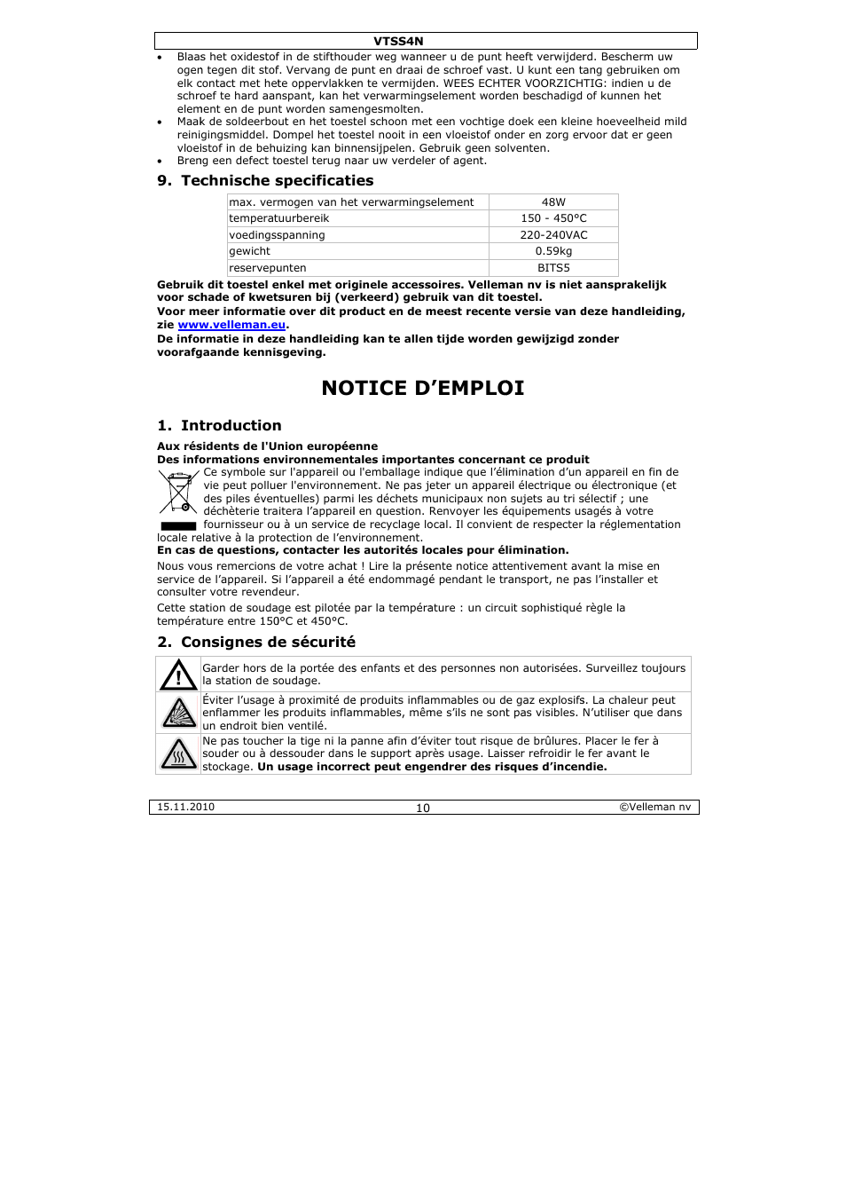 Tice d, Emplo, Chnische s | Troduction, Nsignes d, Specificati, E sécurité | Velleman VTSS4N User Manual | Page 10 / 24