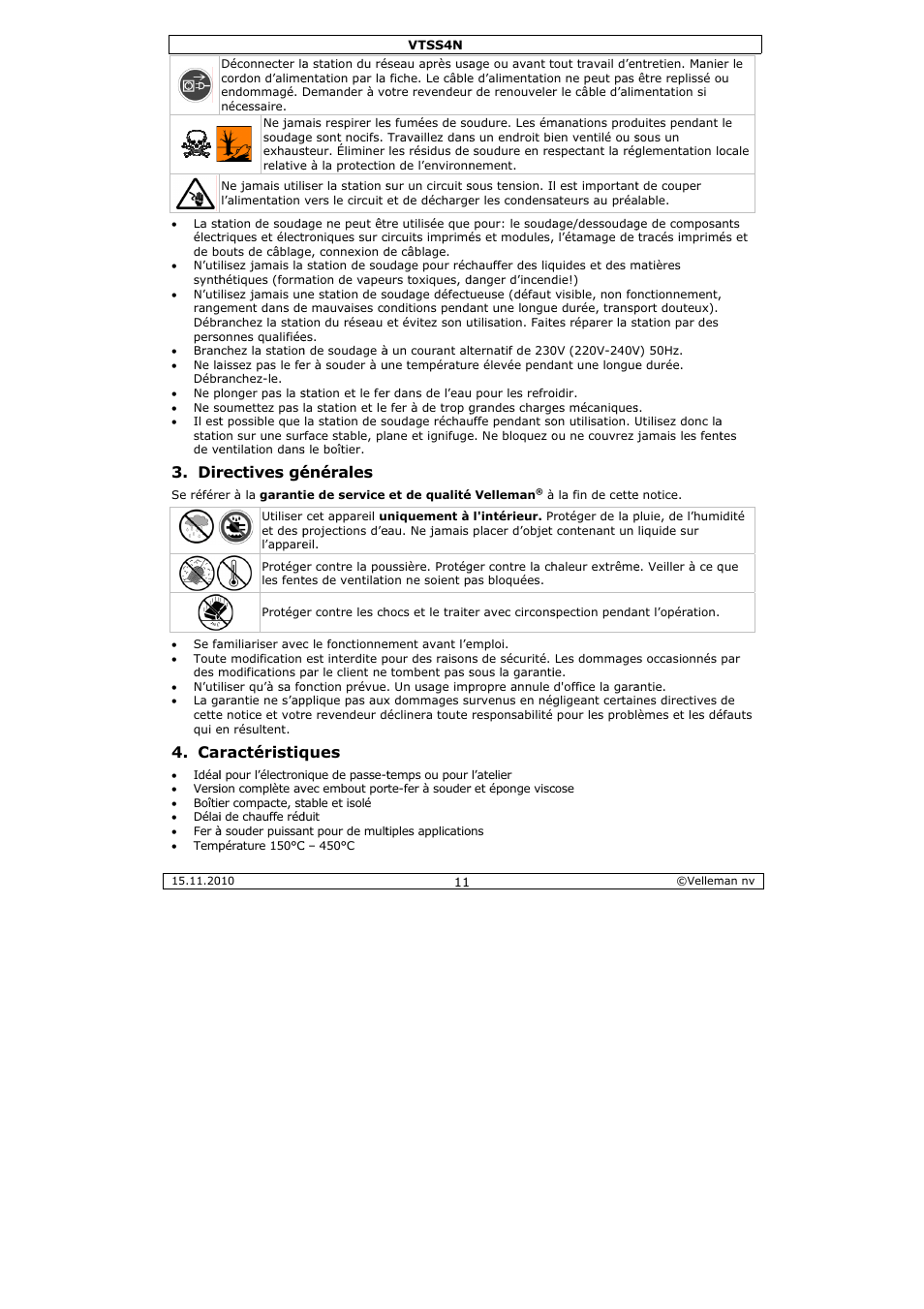 Rectives gé, Ractéristiq, Énérales | Ques | Velleman VTSS4N User Manual | Page 11 / 24