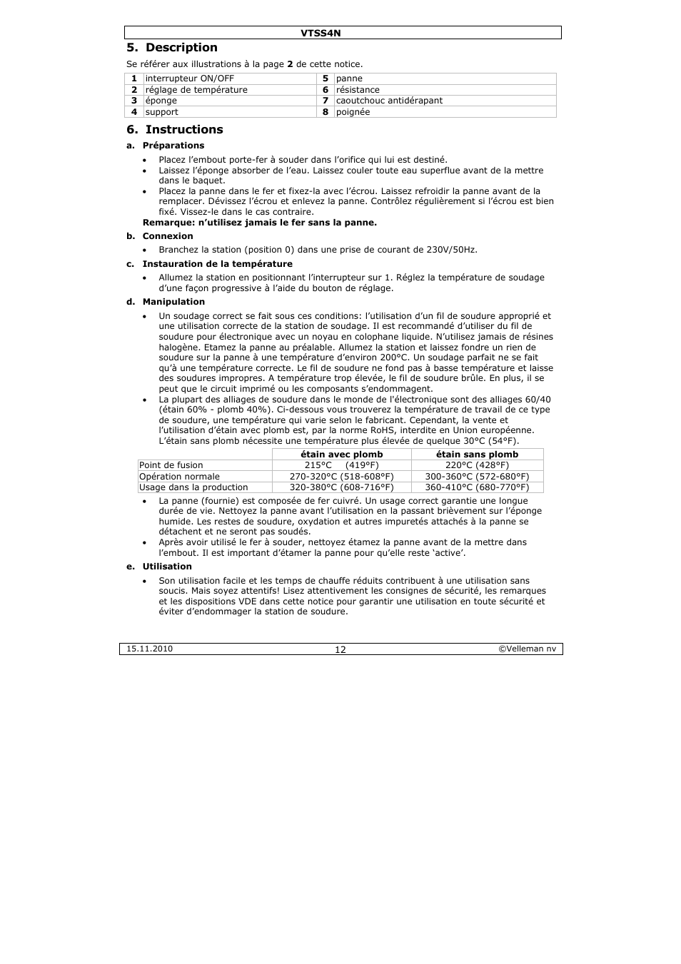 Description, Instructions | Velleman VTSS4N User Manual | Page 12 / 24