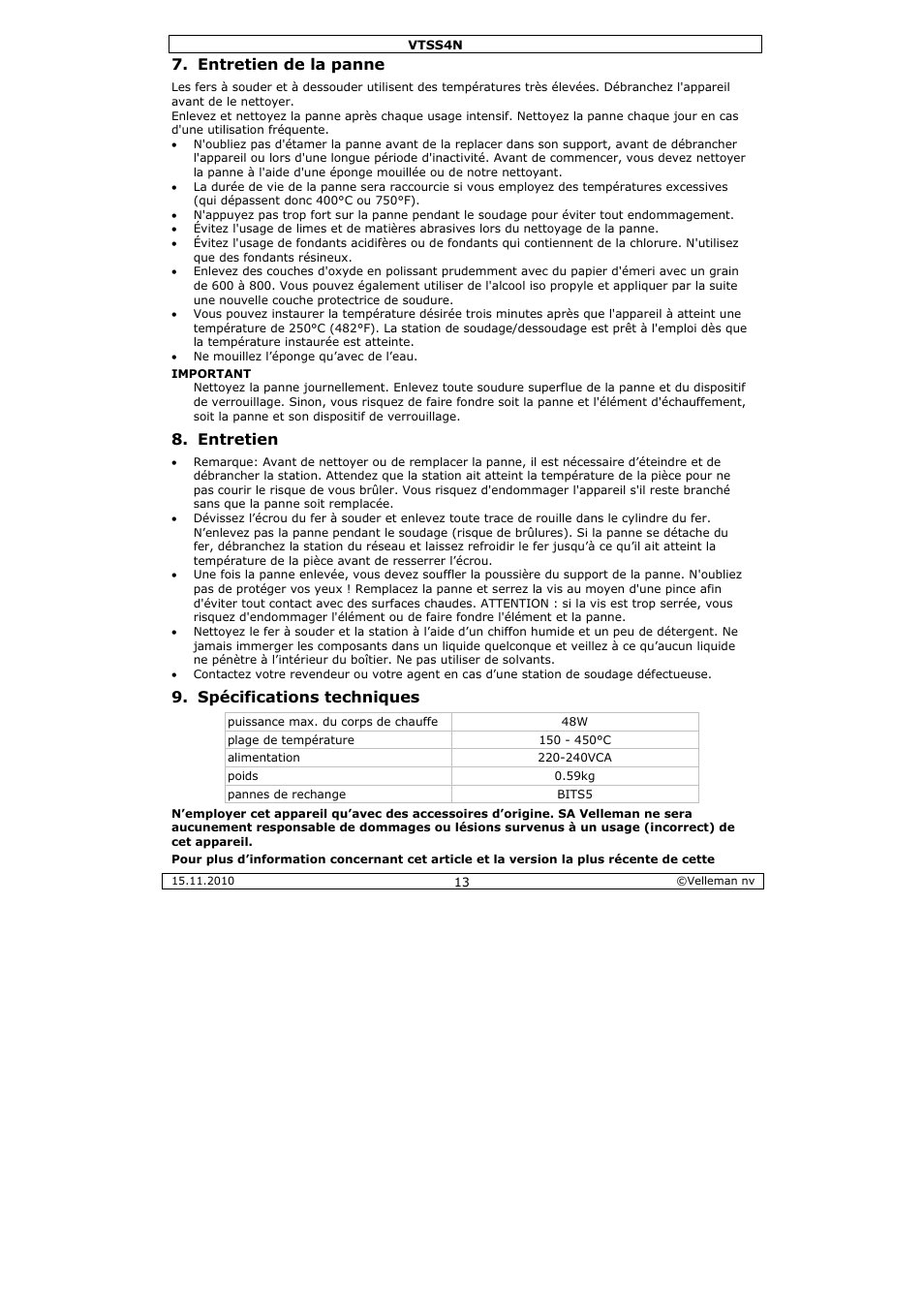 Entretien de la panne, Entretien, Spécifications techniques | Velleman VTSS4N User Manual | Page 13 / 24