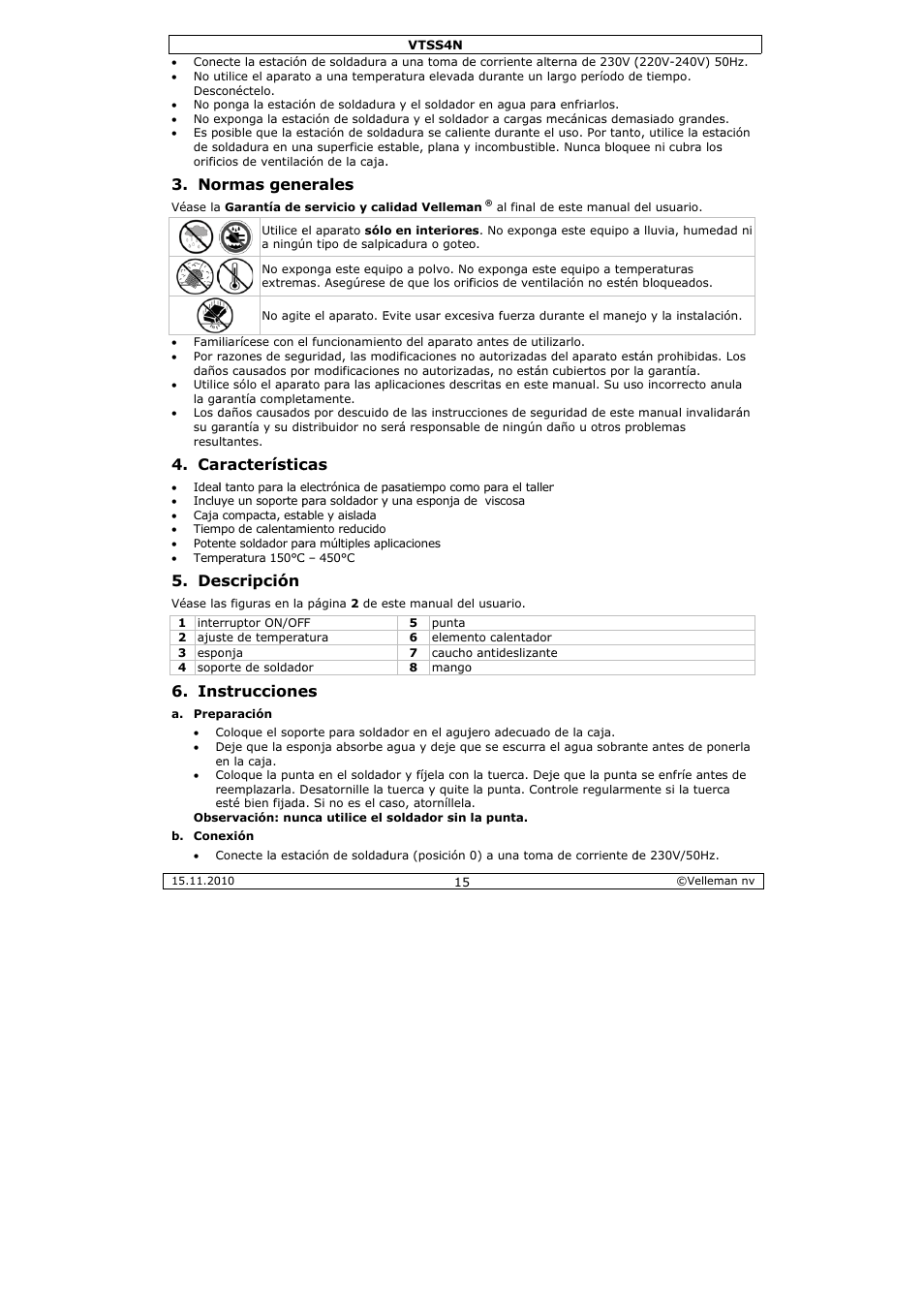 Ormas gene, Racterístic, Escripción | Struccione, Erales | Velleman VTSS4N User Manual | Page 15 / 24