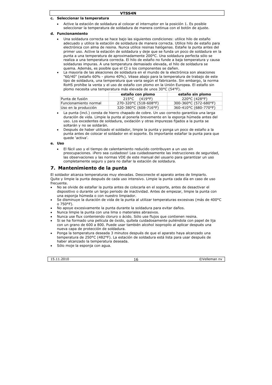 Mantenimiento de la punta | Velleman VTSS4N User Manual | Page 16 / 24