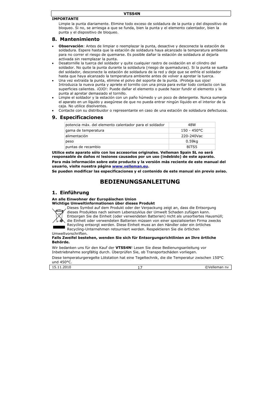Bedie, Enungs, Anleitu | Antenimien, Pecificacio, Nführung, Ones | Velleman VTSS4N User Manual | Page 17 / 24