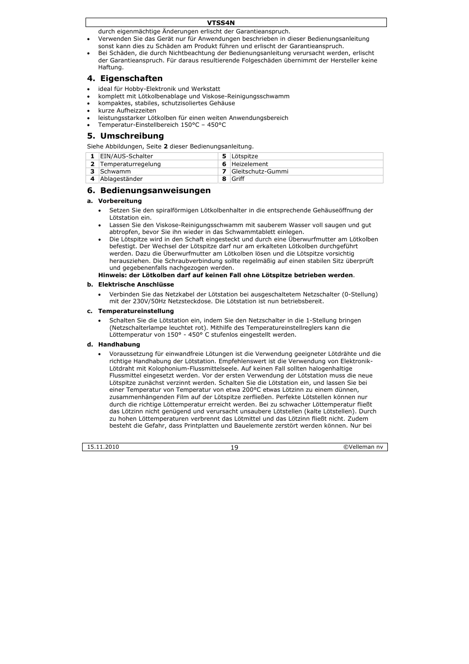 Eigenschaften, Umschreibung, Bedienungsanweisungen | Velleman VTSS4N User Manual | Page 19 / 24